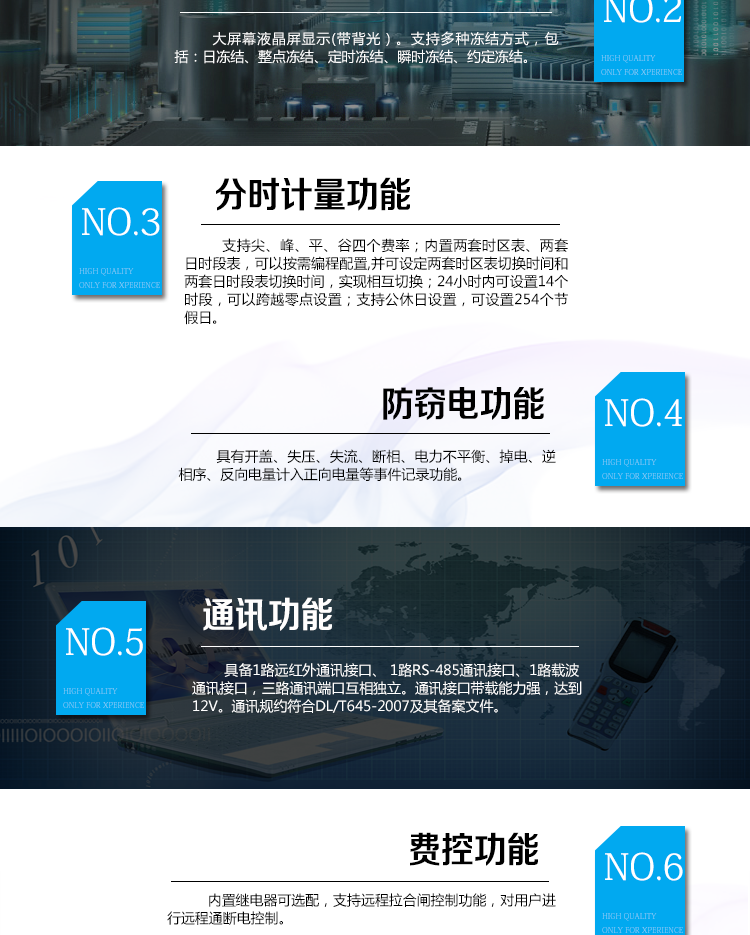 海興DDSI208單相電能表主要功能
　　計量功能
　　具有支持正反向有功、四象限無(wú)功電能、組合無(wú)功電能，支持正反向有功最大需量、四象限無(wú)功最大需量、組合無(wú)功最大需量，支持多費率計量。
　　分時(shí)計量功能
　　支持尖、峰、平、谷四個(gè)費率;內置兩套時(shí)區表、兩套日時(shí)段表，可以按需編程配置,并可設定兩套時(shí)區表切換時(shí)間和兩套日時(shí)段表切換時(shí)間，實(shí)現相互切換;24小時(shí)內可設置14個(gè)時(shí)段，可以跨越零點(diǎn)設置;支持公休日設置，可設置254個(gè)節假日。
　　測量功能
　　能測量電壓、電流、功率以及功率因數等電網(wǎng)參數，零線(xiàn)電流測量功能可選配。測量準確度高，可以達到1級以?xún)葮藴省?
　　數據存儲功能
　　支持多種凍結方式，包括：日凍結、整點(diǎn)凍結、定時(shí)凍結、瞬時(shí)凍結、約定凍結。
　　事件記錄功能
　　分別記錄最近10次掉電、編程、校時(shí)、開(kāi)表蓋、跳閘、合閘、事件清零、電表清零。
　　通信功能
　　具備1路遠紅外通訊接口、 1路RS-485通訊接口、1路載波通訊接口，三路通訊端口互相獨立。通訊接口帶載能力強，達到12V。通訊規約符合DL/T645-2007及其備案文件。
　　費控功能
　　內置繼電器可選配，支持遠程拉合閘控制功能，對用戶(hù)進(jìn)行遠程通斷電控制。
　　用戶(hù)交互界面
　　采用大屏幕液晶顯示，提供豐富的圖形或文字提示信息;顯示內容可通過(guò)按鍵循環(huán)查詢(xún)，顯示項目可通過(guò)通信口按需配置;提供液晶背光，方便查看。支持停電喚醒功能，能通過(guò)按鍵或非接觸方式喚醒電能表，實(shí)現屏幕顯示抄讀電量和紅外通信口抄讀電量等數據。
