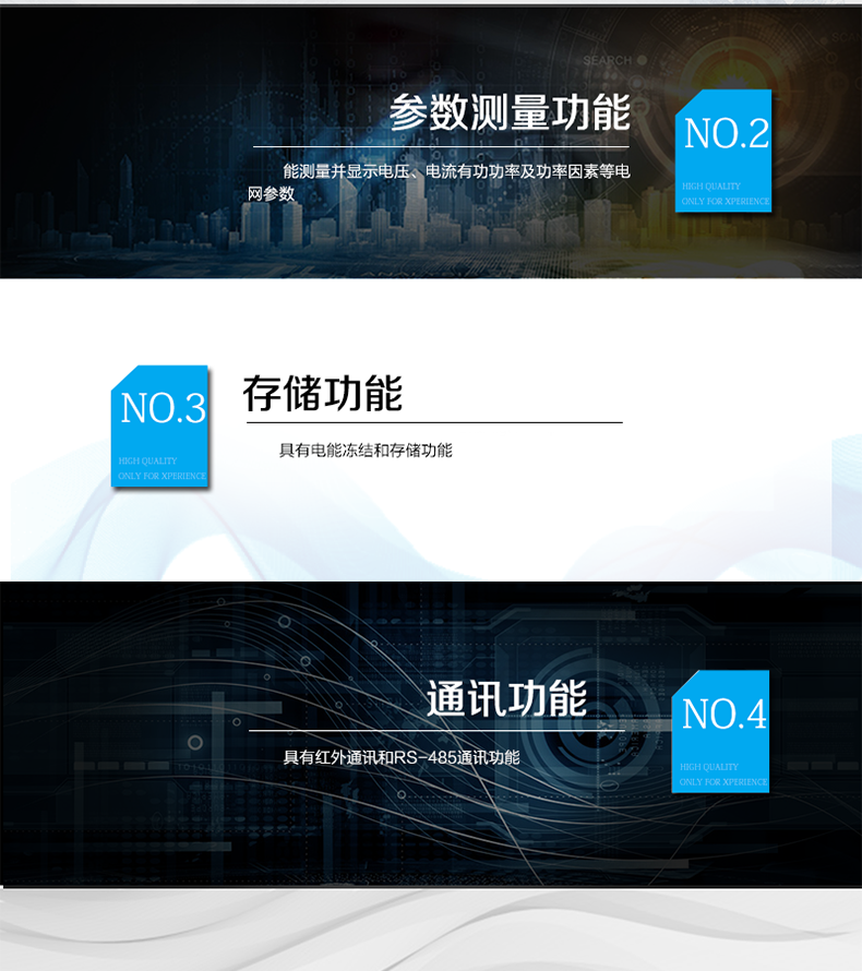 海興DTS208三相三線(xiàn)電能表主要功能
　　計量功能
　　具有有功電能量、無(wú)功電能量計量功能;具有計量分相有功電能量功能。
　　分時(shí)計量功能
　  支持尖、峰、平、谷四個(gè)費率;內置兩套時(shí)區表、兩套日時(shí)段表，可以按需編程配置,并可設定兩套時(shí)區表切換時(shí)間和兩套日時(shí)段表切換時(shí)間，實(shí)現相互切換;每套費率時(shí)段可設置14個(gè)時(shí)區、8個(gè)日時(shí)段表、4個(gè)費率(尖、峰、平、谷)，每個(gè)日時(shí)段表可設置14個(gè)時(shí)段，時(shí)段可以跨越零點(diǎn)設置;支持公休日設置，可設置254個(gè)節假日。
　　測量功能
　　能測量電壓、電流、有功功率、無(wú)功功率、視在功率以及功率因數等電網(wǎng)參數，并具有最大需量測量功能。測量準確度高，可以達到0.5級以?xún)葮藴省?
　　數據存儲功能
　　電量可存儲當前及上12個(gè)結算日的歷史數據;支持多種凍結方式，包括：日凍結、整點(diǎn)凍結、定時(shí)凍結、瞬時(shí)凍結、約定凍結。
　　事件記錄功能
　　分別記錄最近10次掉電、編程、校時(shí)、開(kāi)表蓋、跳閘、合閘、事件清零、電表清零。
　　通信功能
　　具備1路遠紅外通訊接口、2路RS-485通訊接口，三路通訊端口互相獨立。通訊規約符合DL/T645-2007及其備案文件。
　　費控功能
　　內置繼電器可選配，支持遠程拉合閘控制功能，對用戶(hù)進(jìn)行遠程通斷電控制。
　　用戶(hù)交互界面
　　采用大屏幕液晶顯示，提供豐富的圖形或文字提示信息;顯示內容可通過(guò)按鍵循環(huán)查詢(xún)，顯示項目可通過(guò)通信口按需配置;提供液晶背光，方便查看。支持停電喚醒功能，能通過(guò)按鍵或非接觸方式喚醒電能表，實(shí)現屏幕顯示抄讀電量和紅外通信口抄讀電量等數據。