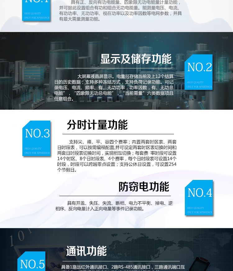 海興DTSD208三相四線(xiàn)電能表主要功能
　　計量功能
　　具有正、反向有功電能量、四象限無(wú)功電能量計量功能，并可據此設置組合有功和組合無(wú)功電能量
　　分時(shí)計量功能
　　支持尖、峰、平、谷四個(gè)費率;內置兩套時(shí)區表、兩套日時(shí)段表，可以按需編程配置,并可設定兩套時(shí)區表切換時(shí)間和兩套日時(shí)段表切換時(shí)間，實(shí)現相互切換;每套費率時(shí)段可設置14個(gè)時(shí)區、8個(gè)日時(shí)段表、4個(gè)費率(尖、峰、平、谷)，每個(gè)日時(shí)段表可設置14個(gè)時(shí)段，時(shí)段可以跨越零點(diǎn)設置;支持公休日設置，可設置254個(gè)節假日。
　　測量功能
　　能測量電壓、電流、有功功率、無(wú)功功率、視在功率以及功率因數等電網(wǎng)參數，并具有最大需量測量功能。測量準確度高，可提供0.5S級、1.0級等不同計量精度供選擇。
　　數據存儲功能
　　電量可存儲當前及上12個(gè)結算日的歷史數據;支持多種凍結方式，包括：日凍結、整點(diǎn)凍結、定時(shí)凍結、瞬時(shí)凍結、約定凍結。支持負荷記錄功能?？捎涗洝半妷?、電流、頻率”，“有、無(wú)功功率”，“功率因數”，“有、無(wú)功總電能”，“四象限無(wú)功總電能”，“當前需量”六類(lèi)數據項且任意組合。負荷記錄間隔時(shí)間可以在1min～ 60min范圍內設置。
　　事件記錄功能
　　分別記錄最近10次失壓、全失壓、斷相、失流、電壓逆相序、潮流反向、需量清零、編程、校時(shí)、開(kāi)表蓋、停電、電量清零。
　　通信功能
　　具備1路遠紅外通訊接口、2路RS-485通訊接口，三路通訊端口互相獨立。通訊規約符合DL/T645-2007及其備案文件。
　　電源管理
　　輔助電源供電電壓為(100～240)V交、直流自適應。輔助電源可設置為PT供電方式優(yōu)先或輔助電源供電方式優(yōu)先。
　　用戶(hù)交互界面
　　采用大屏幕液晶顯示，提供豐富的圖形或文字提示信息;顯示內容可通過(guò)按鍵循環(huán)查詢(xún)，顯示項目可通過(guò)通信口按需配置;提供液晶背光，方便查看。支持停電喚醒功能，能通過(guò)按鍵或非接觸方式喚醒電能表，實(shí)現屏幕顯示抄讀電量和紅外通信口抄讀電量等數據。