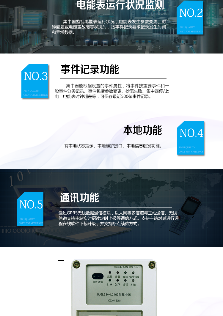 華立DJGL33-HL3403微型集中器主要功能
　　數據采集：能采集各電能表的實時電能示值、日零點凍結電能示值、抄表日零點凍結電能示值。帶有時標。
　　數據管理和存儲：能按要求對采集數據進行分類存儲，如日凍結數據、抄表日凍結數據、曲線數據、歷史月數據等。曲線凍結數據密度為1小時。集中器抄表數量最大為192只。集中器存儲容量為32M。
　　電能表運行狀況監測：集中器監視電能表運行狀況，電能表發生參數變更、時鐘超差或電能表故障等狀況時，按事件記錄要求記錄發生時間和異常數據。
　　參數設置和查詢功能：可主站遠程或手持設備本地設置和查詢檔案、通信參數等，
　　事件記錄：集中器能根據設置的事件屬性，將事件按重要事件和一般事件分類記錄。事件包括參數變更、抄表失敗、集中器停/上電，電能表時鐘超差等，可保存最近500條事件記錄。
　　本地功能：有本地狀態指示、本地維護接口、本地信息觸發功能
　　通訊功能：通過GPRS無線數據通信模塊，以太網等多信道與主站通信。無線信道支持主站實時招讀、定時上報等通信方式。支持主站對其進行遠程在線軟件下載升級，并支持斷點續傳方式。