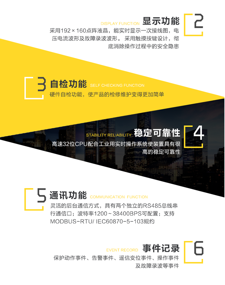 性能特點(diǎn)：
　　高可靠性
　　1、采用新型高速32位CPU配合工業(yè)用實(shí)時(shí)操作系統使裝置具有很高的穩定性和可靠性。
　　2、軟件上采用徹底的模塊化、平臺化設計，顯著(zhù)提高了產(chǎn)品的可信賴(lài)性和可維護性。
　　3、完善的硬件自檢功能，使產(chǎn)品的檢修維護變得更加簡(jiǎn)單。
　　4、以最高等級通過(guò)國家9項電磁兼容試驗。
　　5、機箱采用一體化結構，精心的防水、防酸、防塵、抗震設計，使產(chǎn)品能滿(mǎn)足多種工作環(huán)境。
　　6、保護功能配置齊全、動(dòng)作迅速、性能可靠。
　　人性化設計
　　1、采用192×160點(diǎn)陣液晶，能實(shí)時(shí)顯示一次接線(xiàn)圖，電壓電流波形及故障錄波波形。
　　2、采用觸摸按鍵設計，徹底消除操作過(guò)程中的安全隱患。
　　3、 配備大容量存儲器，完善的事件報告處理功能，可存儲200條SOE及5條與COMTRADE兼容的故障錄波數據。
　　4、可獨立整定8套整定定值，定值切換安全方便。
　　5、 友好的人機界面，中/英文顯示。