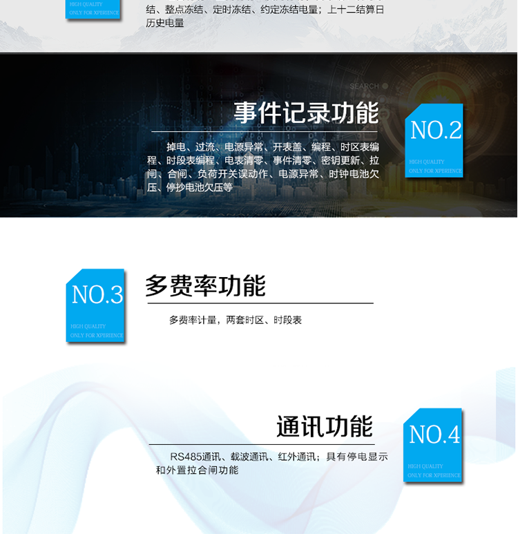 主要功能
電量	組合有功、正向有功、反向有功
	日凍結、瞬時(shí)凍結、整點(diǎn)凍結、定時(shí)凍結、約定凍結電量
	上十二結算日歷史電量
事件記錄	掉電、過(guò)流、電源異常、開(kāi)表蓋、編程、時(shí)區表編程、時(shí)段表編程、電表清零、事件清零、密鑰更新、拉閘、合閘、負荷開(kāi)關(guān)誤動(dòng)作、電源異常、時(shí)鐘電池欠壓、停抄電池欠壓、購電、退費、異常插卡、階梯表編程、費率表編程等
顯示	自動(dòng)循環(huán)顯示、按鍵循環(huán)顯示、背光功能
多費率	多費率計量，兩套時(shí)區、時(shí)段表
通訊	RS485通訊、載波通訊、紅外通訊
脈沖	電量脈沖、時(shí)鐘信號、時(shí)段投切信號
其他	停電顯示
	外置拉合閘