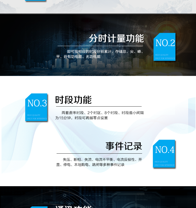 主要功能特點(diǎn)
　　A.正向有功、反向有功電能、四象限無(wú)功電能計量功能，并可以據此設置組合有功和組合無(wú)功電能。
　　B.分時(shí)計量功能，即可按相應的時(shí)段分別累計、存儲總、尖、峰、平、谷有功電能、無(wú)功電能;
　　C.兩套費率時(shí)段、2個(gè)時(shí)區、8個(gè)時(shí)段、時(shí)段最小間隔為15分鐘，時(shí)段可跨越零點(diǎn)設置;
　　D.失壓、斷相、失流、電流不平衡、電流反極性、開(kāi)蓋、停電、本地購電、跳閘等多種事件記錄;
　　E.內置(或外置)繼電器，先付費后用電，欠費本地自動(dòng)跳閘;
　　F.遠程通訊，可通過(guò)SMS、GPRS、Etheme等多種方式與后臺系統實(shí)現數據交互，支持TCP、UDP協(xié)議;
　　G.遠程抄表，能抄錄外接電表正、反向有功電量、四象限無(wú)功、電壓、電流等瞬時(shí)量數據，支持實(shí)時(shí)抄表、定時(shí)任務(wù)抄表、主站輪召同時(shí)支持多種電表通訊規約;